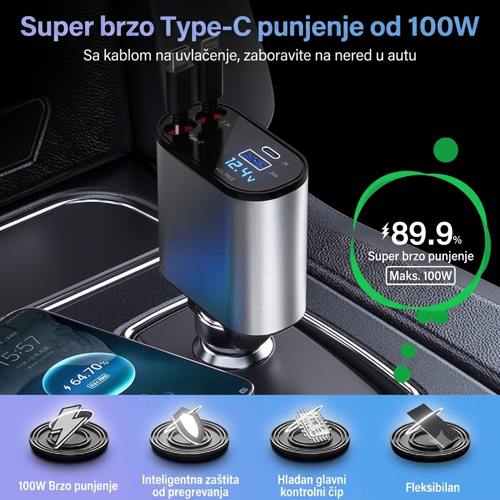 4 u 1 Auto Punjač sa LED Ekranom i Brzim Punjenjem