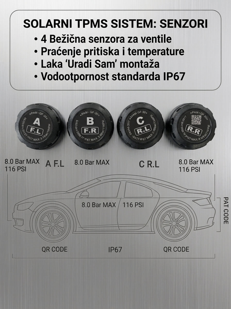 Solarni sistem za praćenje pritiska i temperature u gumama (sa USB punjenjem)