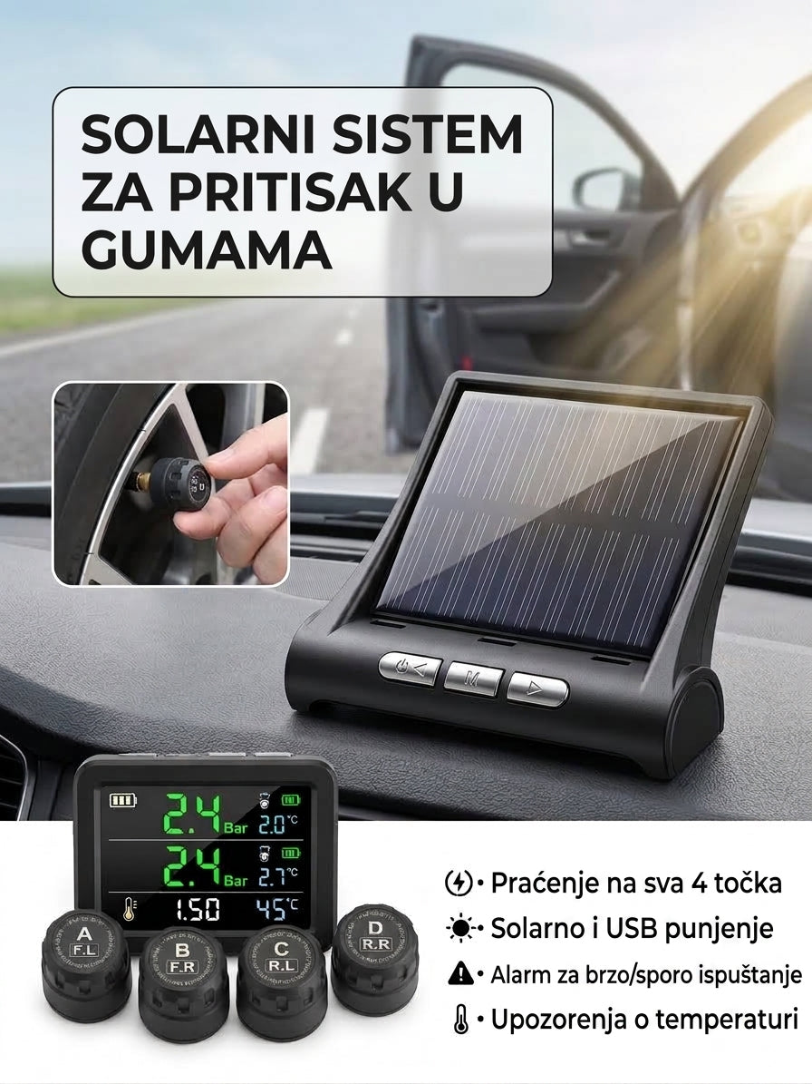 Solarni sistem za praćenje pritiska i temperature u gumama (sa USB punjenjem)