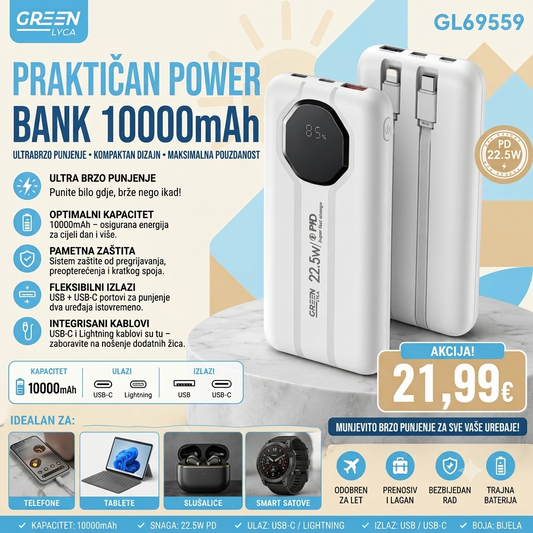 Brzi Prenosivi Punjač sa Ugrađenim Kablovima (10.000 mAh)