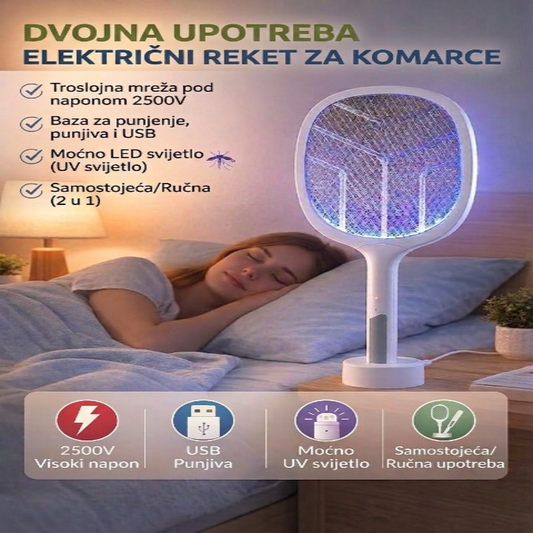 2u1 Električni Reket za Komarce + UV Lampa – USB Punjiv