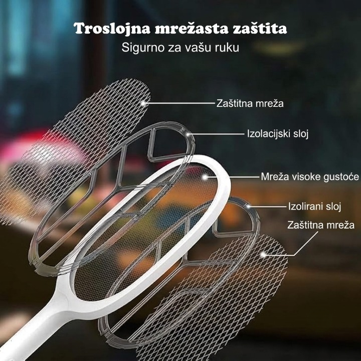 2u1 Električni Reket za Komarce + UV Lampa – USB Punjiv