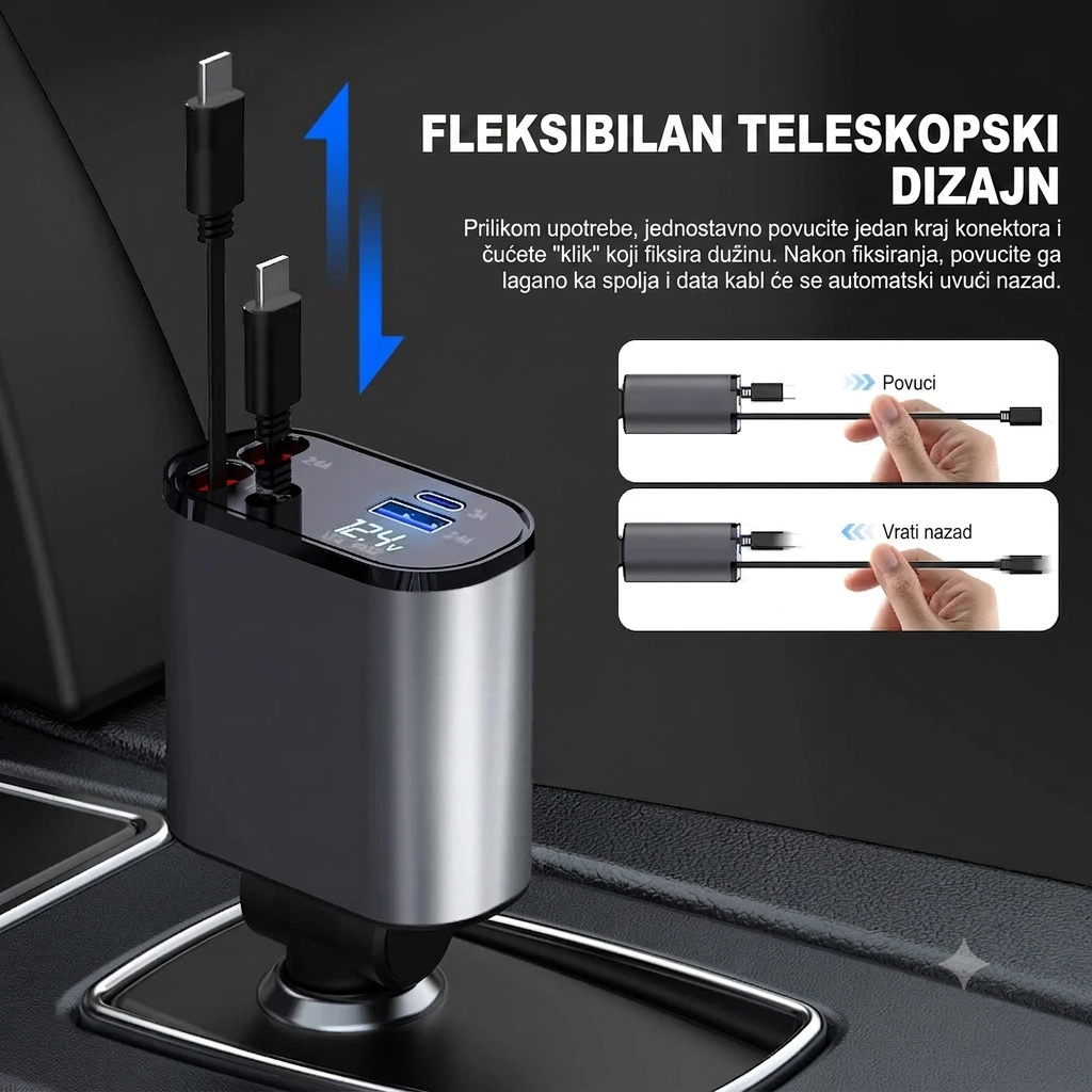4 u 1 Auto Punjač sa LED Ekranom i Brzim Punjenjem