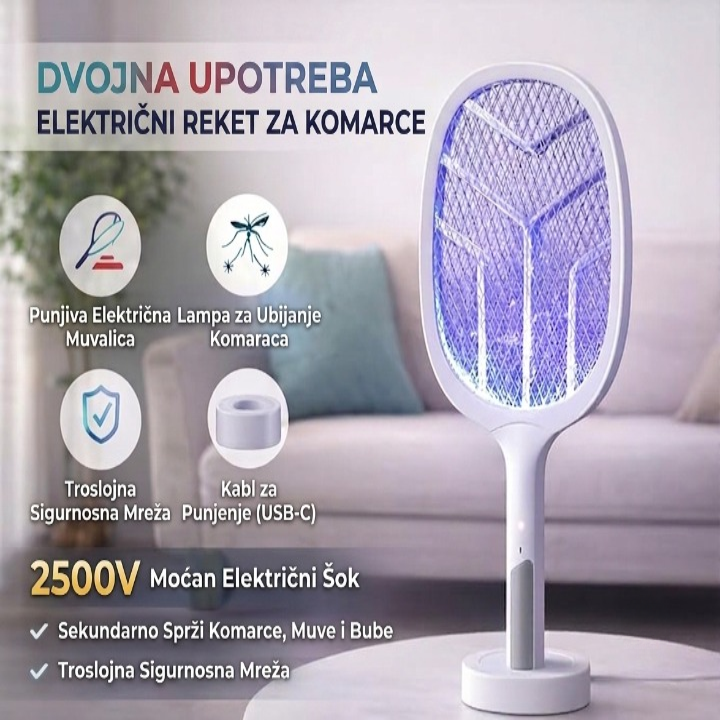 2u1 Električni Reket za Komarce + UV Lampa – USB Punjiv