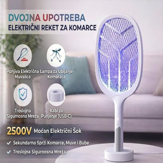 2u1 Električni Reket za Komarce + UV Lampa – USB Punjiv